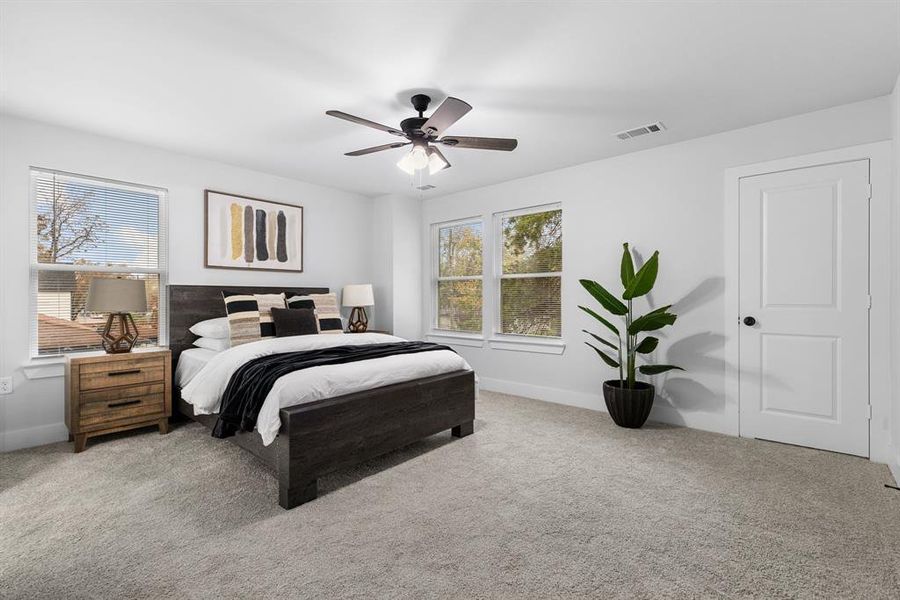 Carpeted bedroom with ceiling fan