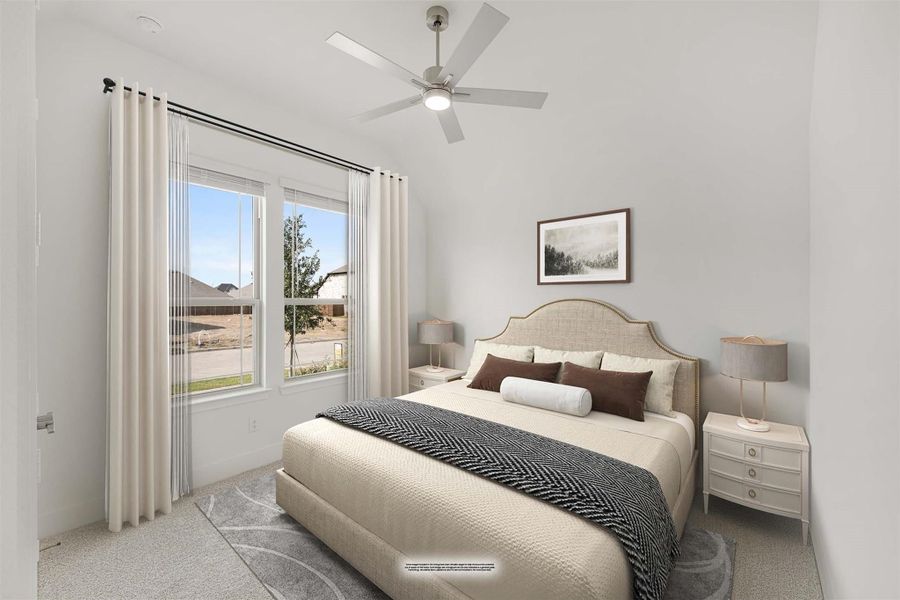 Bedroom with upholstered bed, ceiling fan, carpet flooring, and large window with white curtains Bedroom with upholstered bed, ceiling fan, carpet flooring, and large window with white curtains