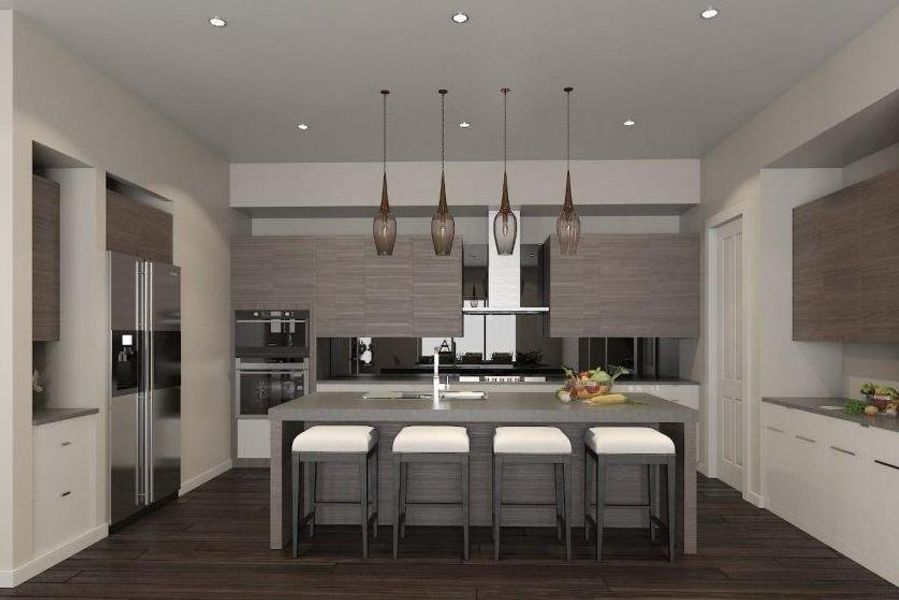Kitchen featuring modern cabinets, a kitchen bar, and stainless steel appliances