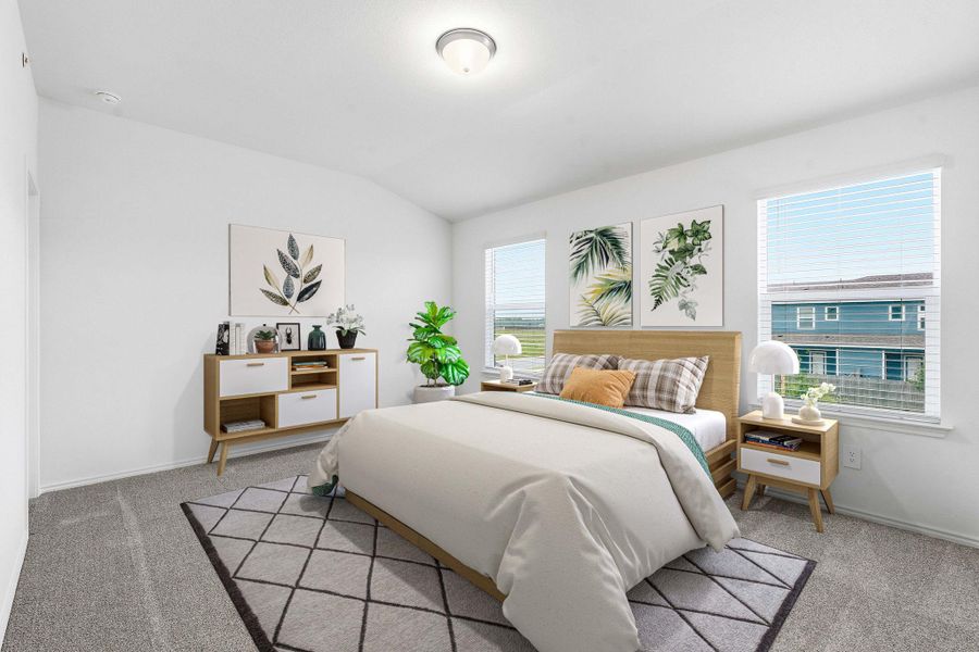 Carpeted bedroom featuring multiple windows with blinds, a vaulted ceiling, and a flush-mount ceiling light fixture Carpeted bedroom featuring multiple windows with blinds, a vaulted ceiling, and a flush-mount ceiling light fixture