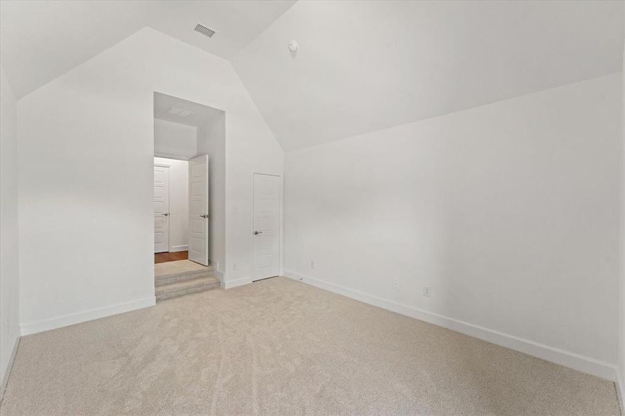 Bonus room with light colored carpet and high vaulted ceiling
