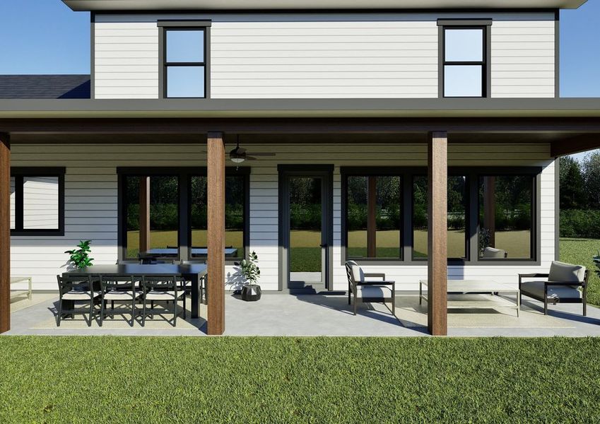 A large covered patio, featuring wooden posts, three seating areas, and potted plants. The scene is calm, with a lush green lawn. A large covered patio, featuring wooden posts, three seating areas, and potted plants. The scene is calm, with a lush green lawn.