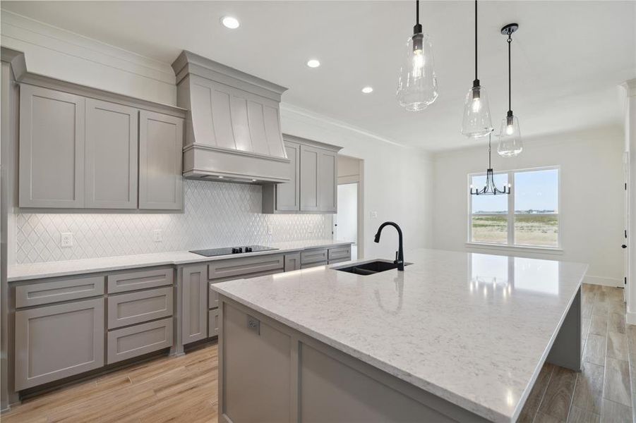 Kitchen with light hardwood / wood-style floors, a kitchen island with sink, sink, and light stone counters