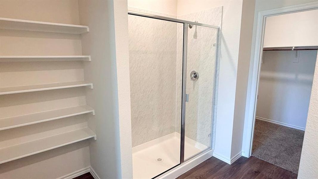 Bathroom featuring dark wood-type flooring, a stall shower, and a walk in closet Bathroom featuring dark wood-type flooring, a stall shower, and a walk in closet