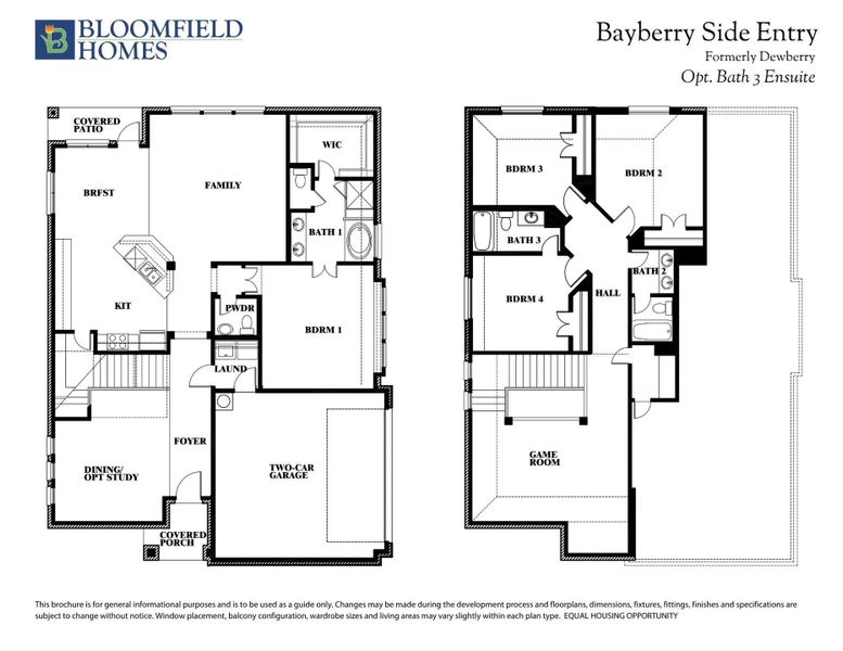 Bloomfield Homes Bayberry Side Entry two-story floor plan with four bedrooms, game room, and two-car garage.