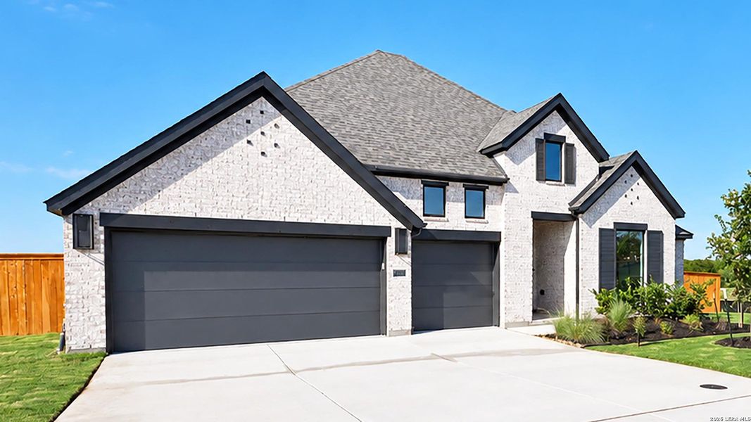 Front exterior of a new home in Windborne, Schertz, TX, highlighting curb appeal (Image 18).