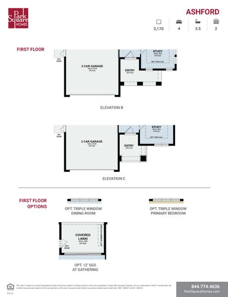 2D floor plan layout for the Ashford by Park Square Residential in Tamarack at Two Rivers, Zephyrhills, FL (Image 4).