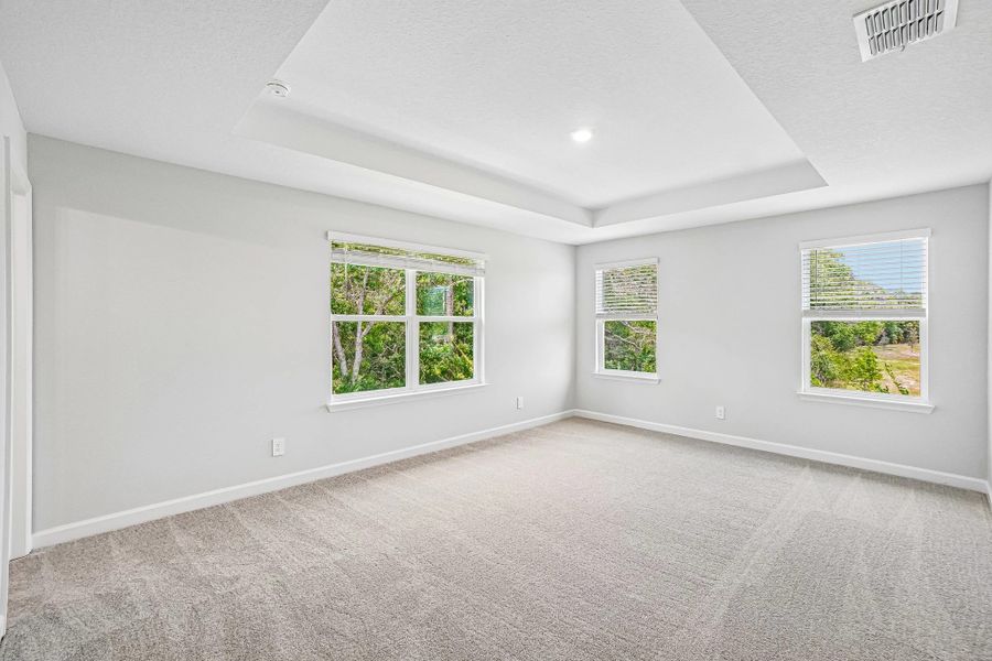 Stunning primary bedroom located off the back of the home features four windows and a tray ceiling Stunning primary bedroom located off the back of the home features four windows and a tray ceiling