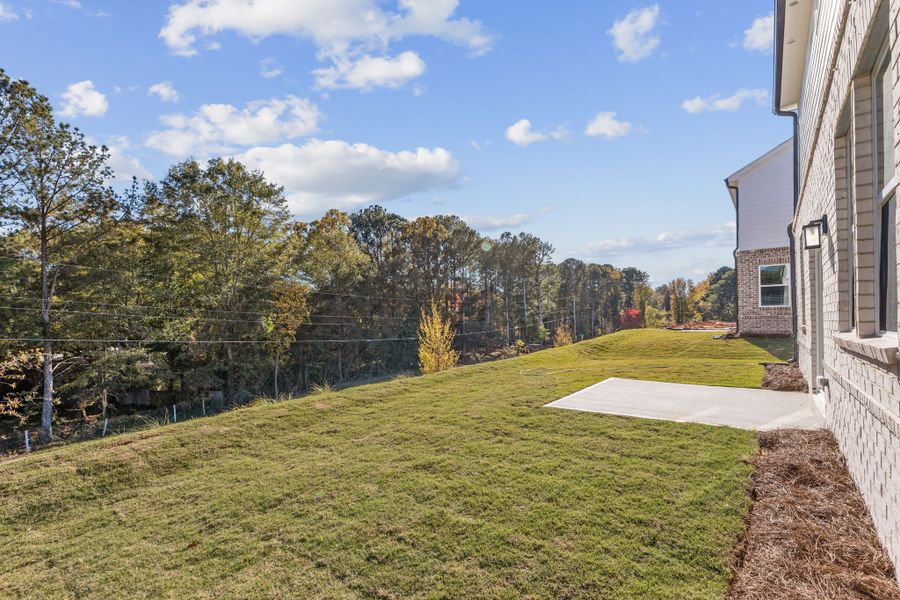A grassy area with trees and a building in the background.