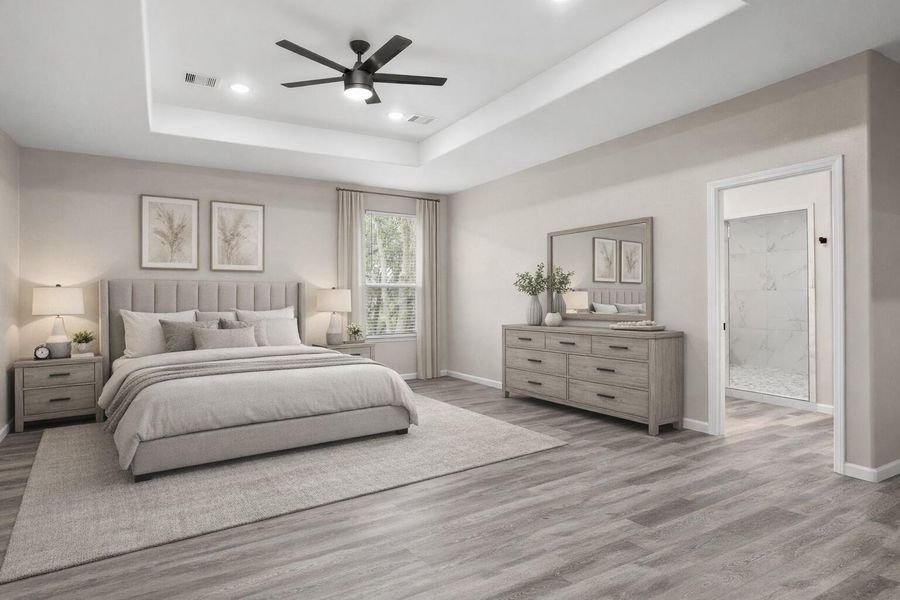 Virtually staged primary bedroom (upstairs)