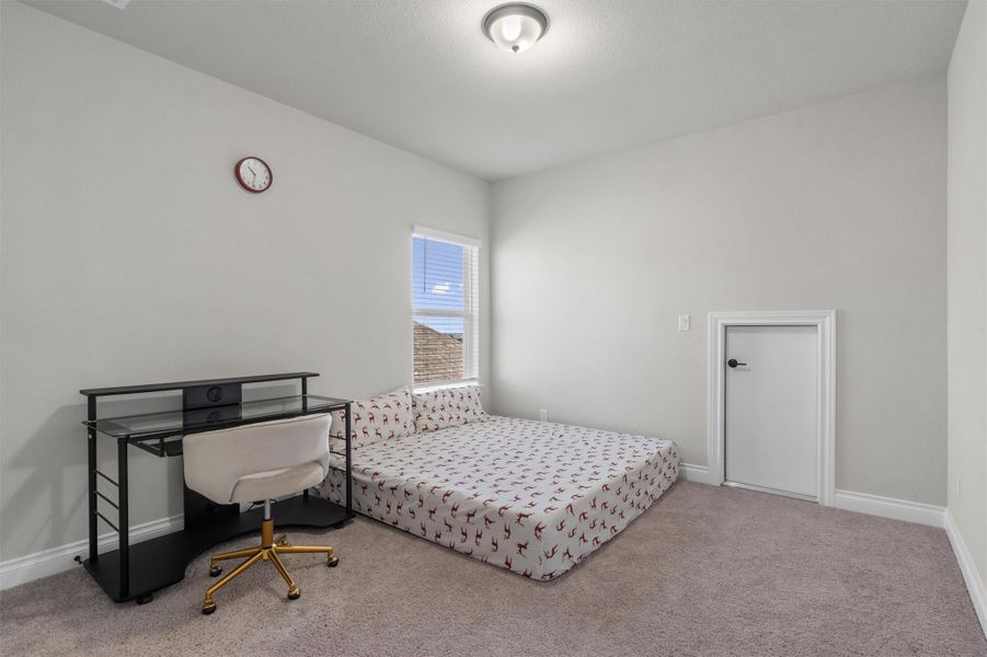 Soft carpeting pairs with smooth neutral walls, creating a clean palette ready for personalization.