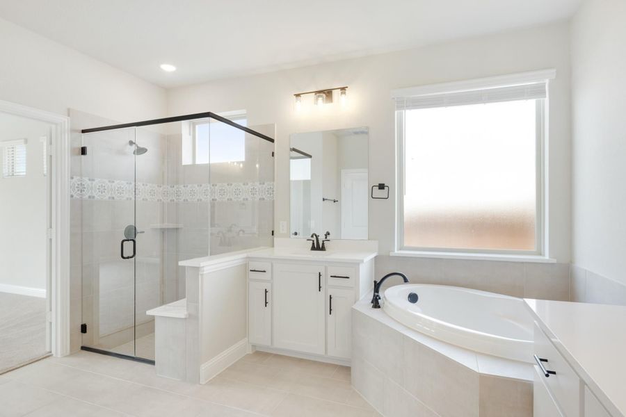 Master bathroom with glass walk-in shower, soaking tub, and white vanity cabinets Master bathroom with glass walk-in shower, soaking tub, and white vanity cabinets