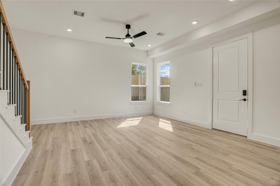 SPC flooring throughout the house. Stone Polymer Composite is pet friendly - scratch and water resistant.