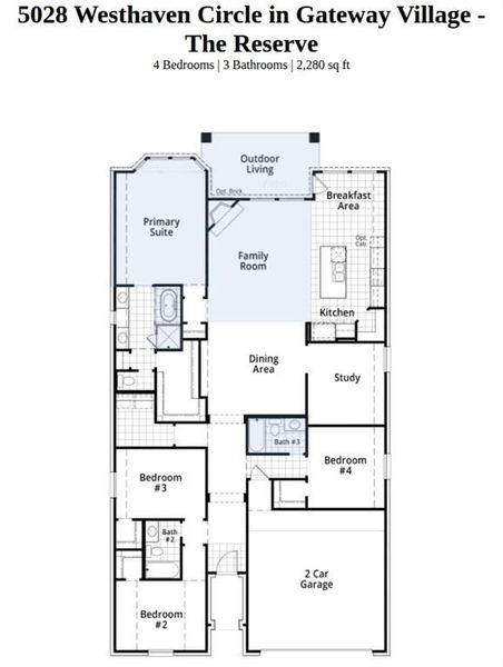 2D floor plan layout of this home in Gateway Village - The Reserve, Denison, TX (Image 2).