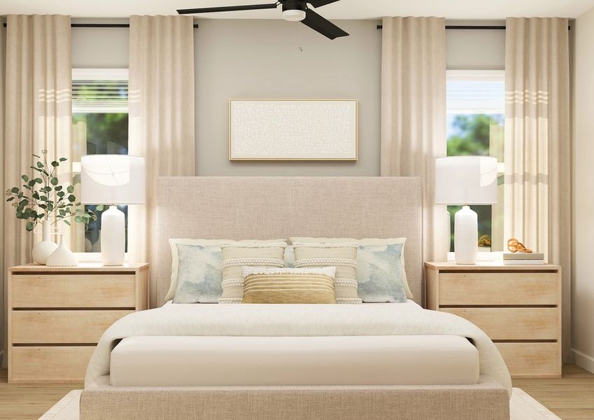Rendering of a  master bedroom furnished with a white bed and two sie tables. There are two  large windows on either side of the bed.