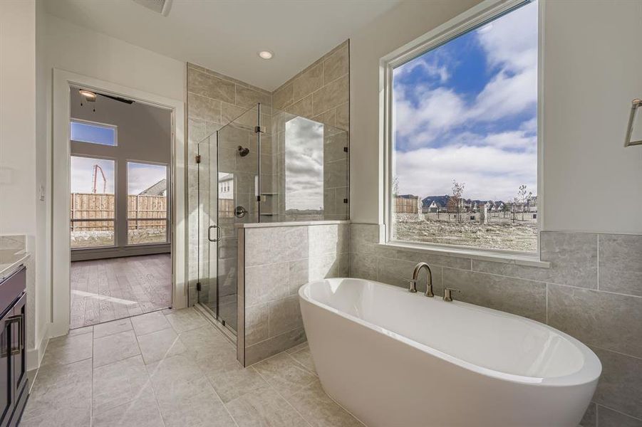 Bathroom with a freestanding bath, plenty of natural light, a stall shower, vanity, and tile walls