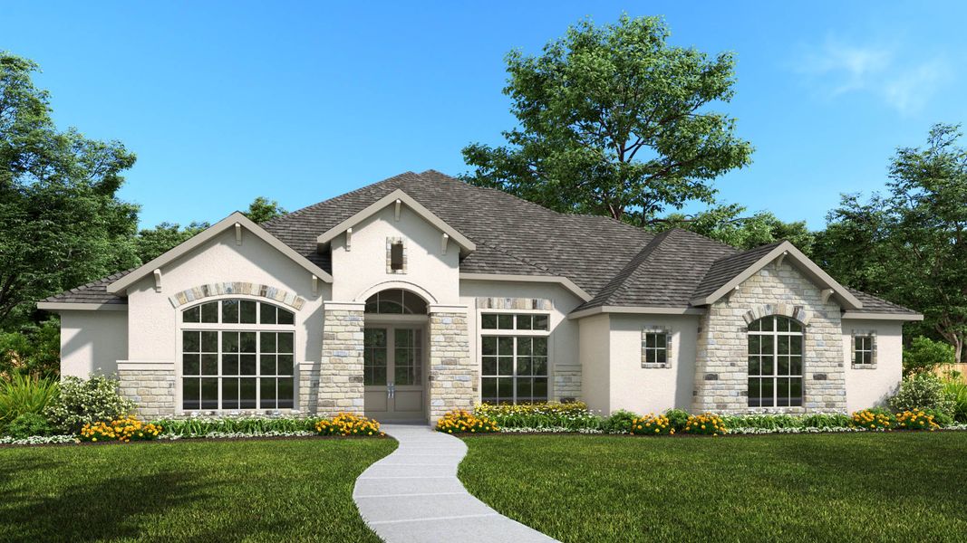 Representative exterior photo of a completed home built from the 3860A by Perry Homes in Johnson Ranch Half Acre, Bulverde, TX (Image 1).
