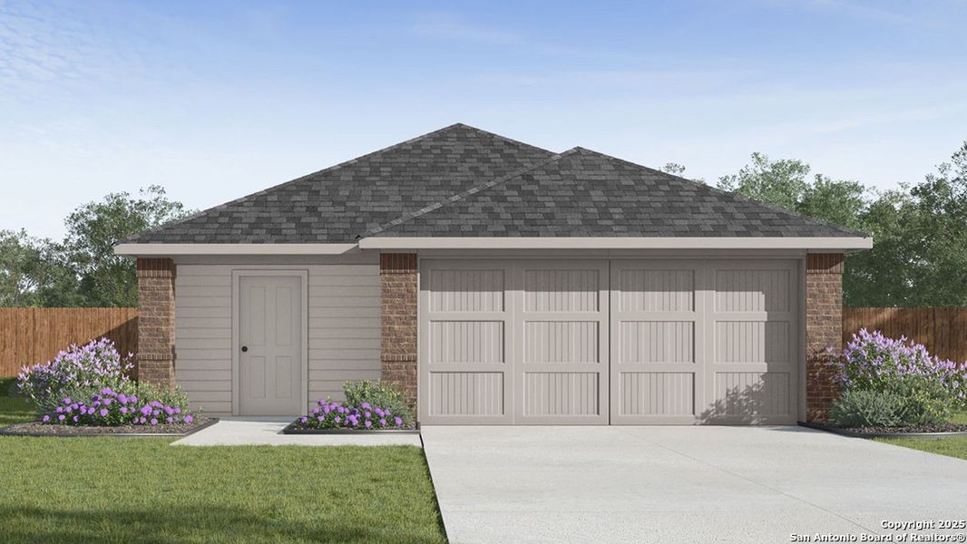 Front exterior of a new home in Sereno Springs, Converse, TX, highlighting curb appeal (Image 2). Front exterior of a new home in Sereno Springs, Converse, TX, highlighting curb appeal (Image 2).