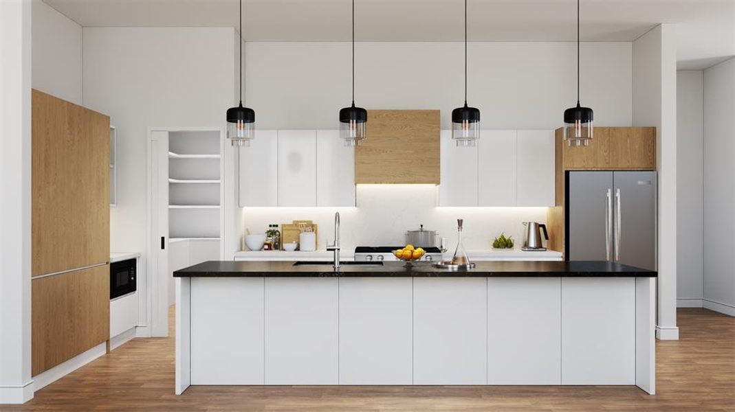 Kitchen featuring white cabinets, decorative light fixtures, modern cabinets, light wood-style flooring, and open shelves Kitchen featuring white cabinets, decorative light fixtures, modern cabinets, light wood-style flooring, and open shelves