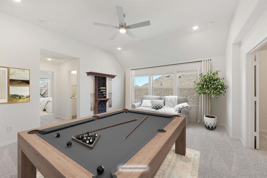 Game room with pool table, vaulted ceiling, ceiling fan, and seating area with large windows Game room with pool table, vaulted ceiling, ceiling fan, and seating area with large windows