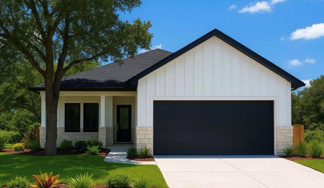 View of front of house featuring board and batten siding, a porch, a garage, a front yard, and concrete driveway.Exterior image is a model photo from the finished home next door. Landscaping and vegetation were digitally enhanced to represent possible future appearance.