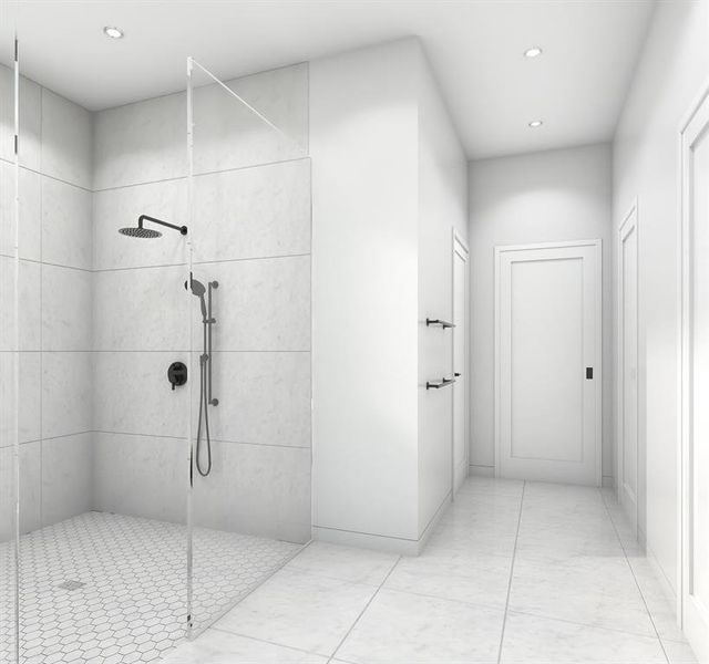 Full bathroom with a stall shower, recessed lighting, and tile patterned floors