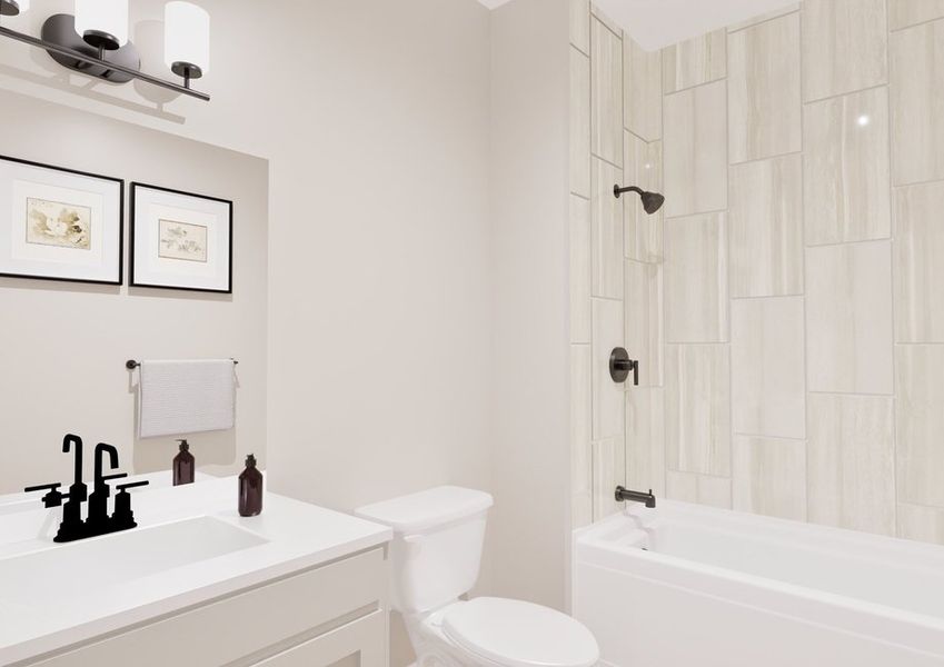 Modern bathroom with white tiles and neutral tones. Features a sleek vanity, black fixtures, framed art, and a bathtub, conveying a clean, minimalist feel.