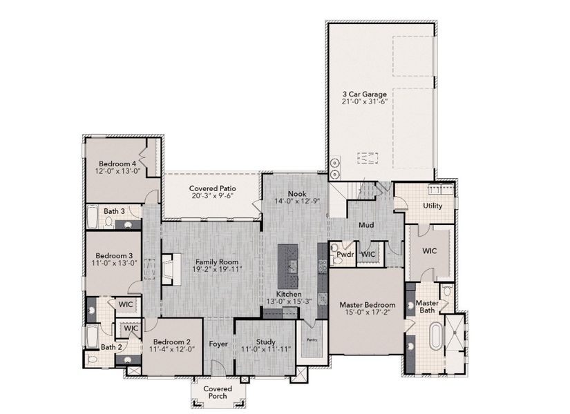 2D floor plan layout for the The Carley by Elmwood Custom Homes in Matthews Farm, Venus, TX (Image 11).