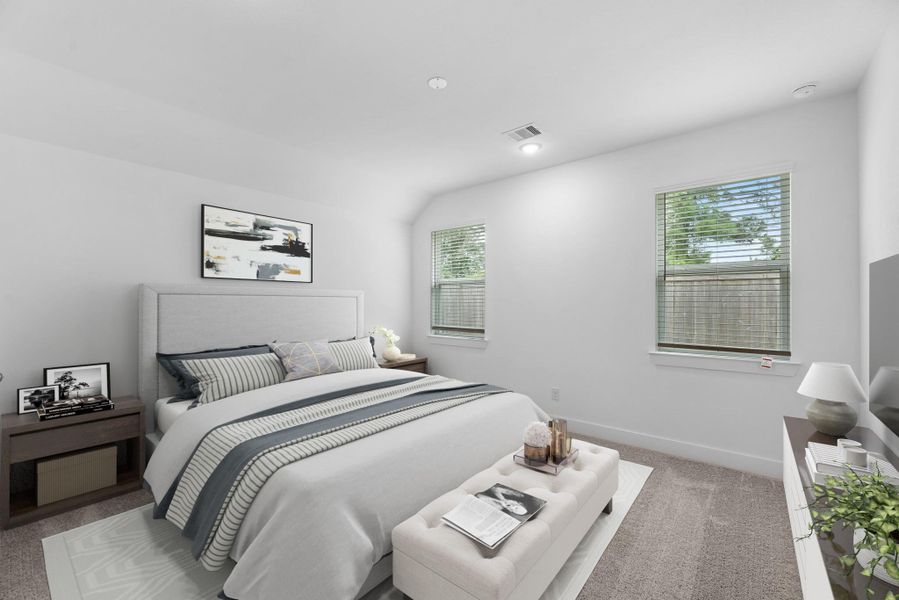 The primary bedroom is generously sized, creating a tranquil and spacious retreat that offers ample room for relaxation. Featuring plush carpet, high ceilings, fresh paint, and large windows that lets in natural lighting throughout the day. Virtually staged to show furniture placement.
