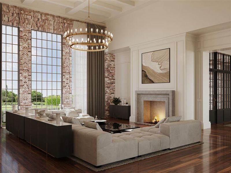 *Virtual Rendering* The great room features elegant wood flooring, a fireplace with a stone mantel, tall iron windows nestled in the exposed brick walls, and a stunning gold two-tiered chandelier.