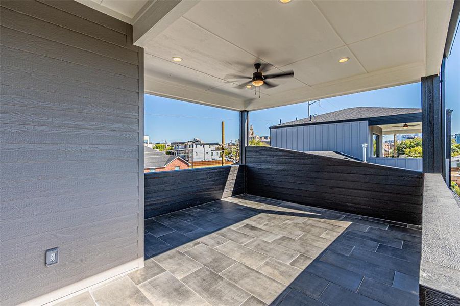 View of patio with ceiling fan