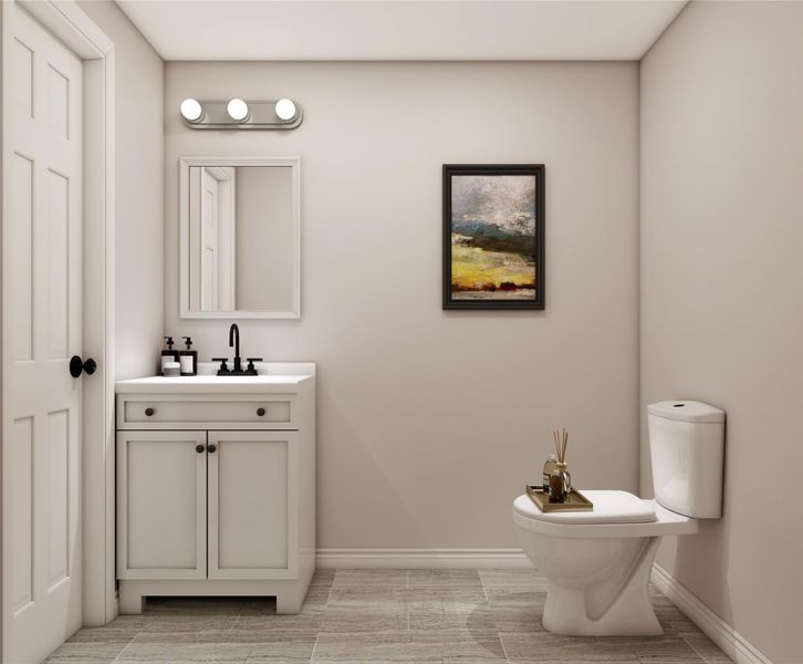 First-floor powder room featuring an upgraded vanity and an elegant high-arc faucet. Example photo, virtually staged