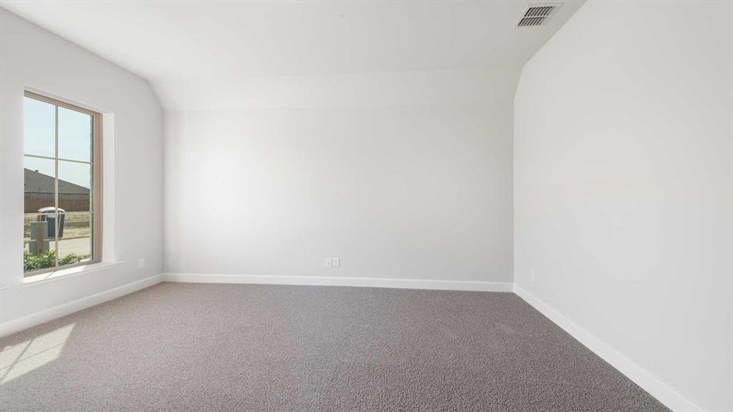 Spare room with carpet floors and lofted ceiling