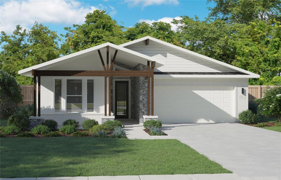 View of front of house with a garage, brick siding, driveway, and fence