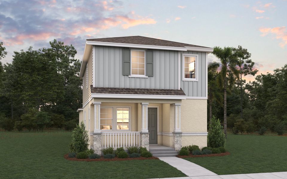 Front exterior of a new home in Serenade at Ovation, Winter Garden, FL, highlighting curb appeal (Image 1).