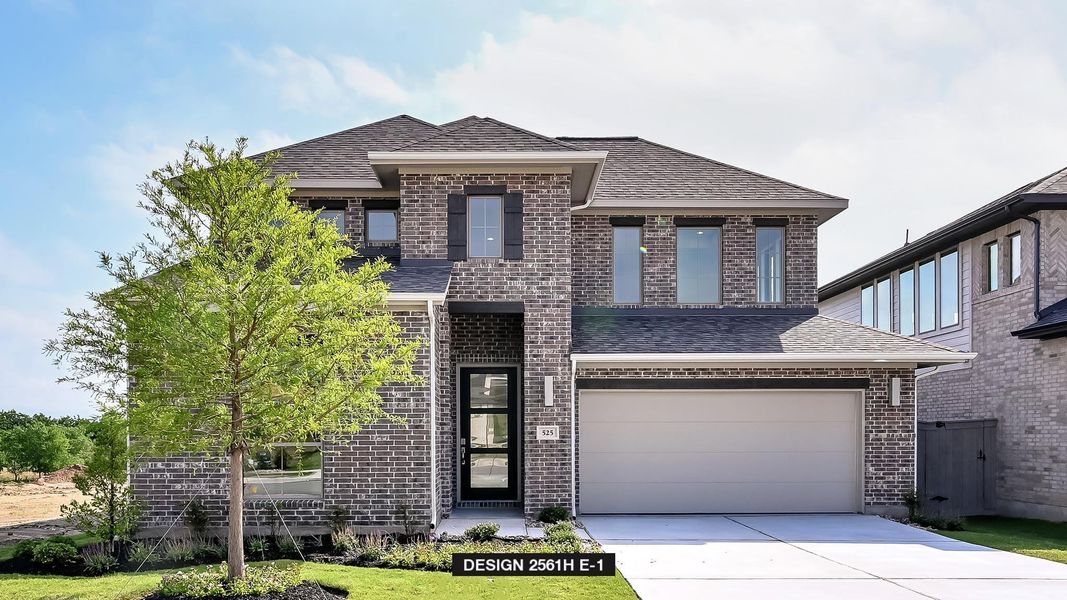 Front exterior of a new home in Flora 50', Hutto, TX, highlighting curb appeal (Image 2). Front exterior of a new home in Flora 50', Hutto, TX, highlighting curb appeal (Image 2).