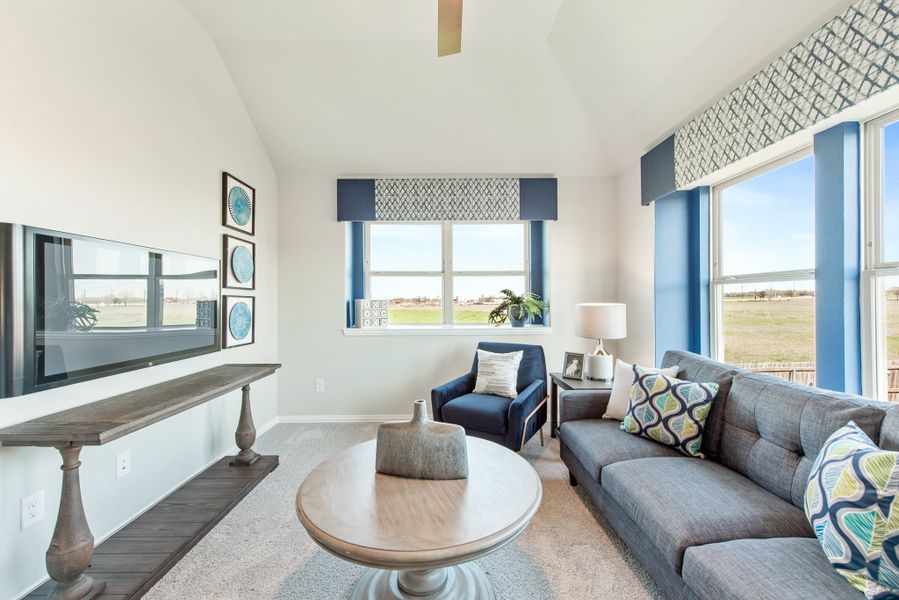Living room with vaulted ceiling, gray sofa, blue accents, and large windows with open field views