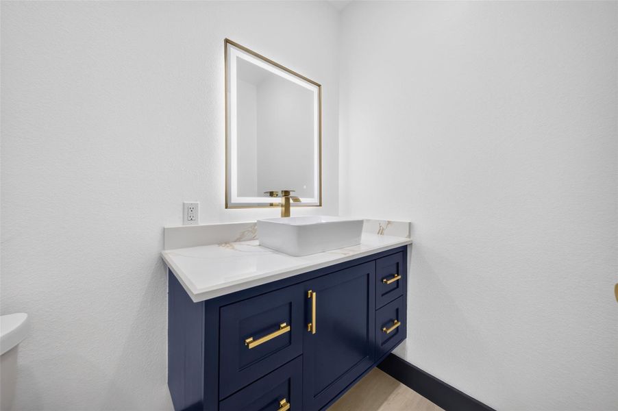 Bathroom vanity with bold cabinetry and clean contemporary finishes