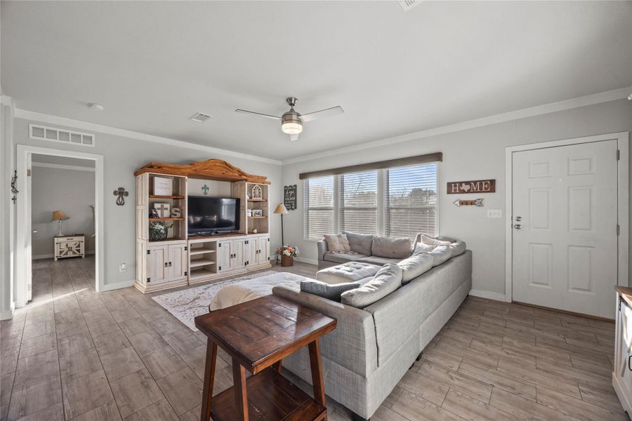 Living room featuring light wood-type flooring, ceiling fan, and crown molding
