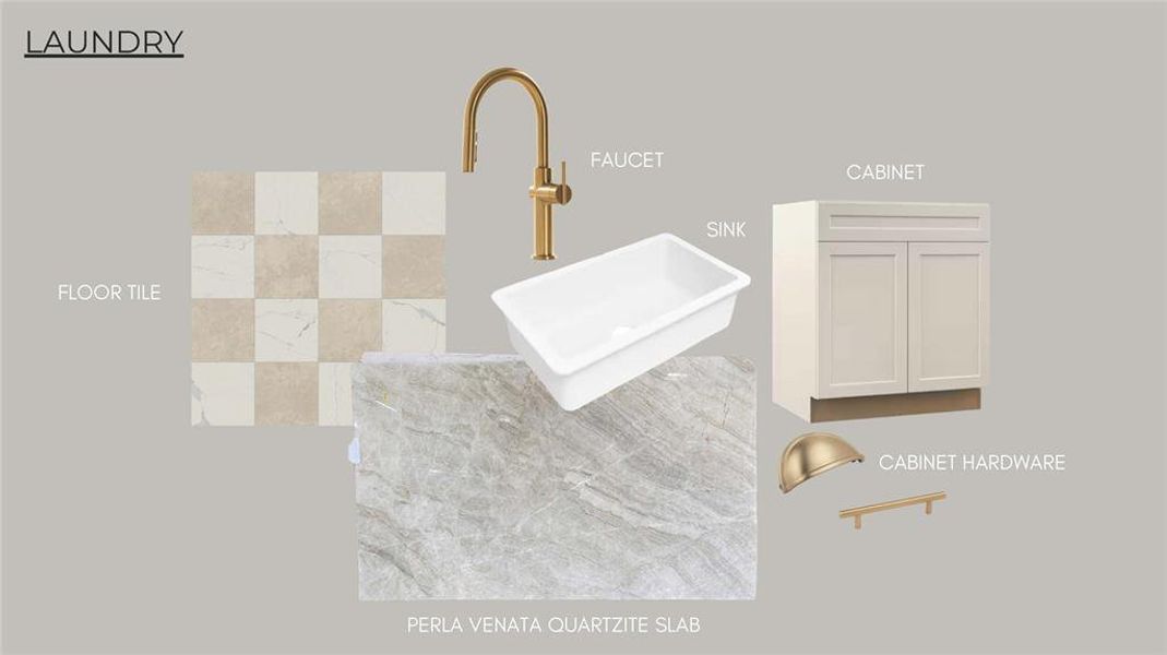 Finishes for laundry room include light tones, gold finishes and checkerboard floors. Finishes are subject to change.