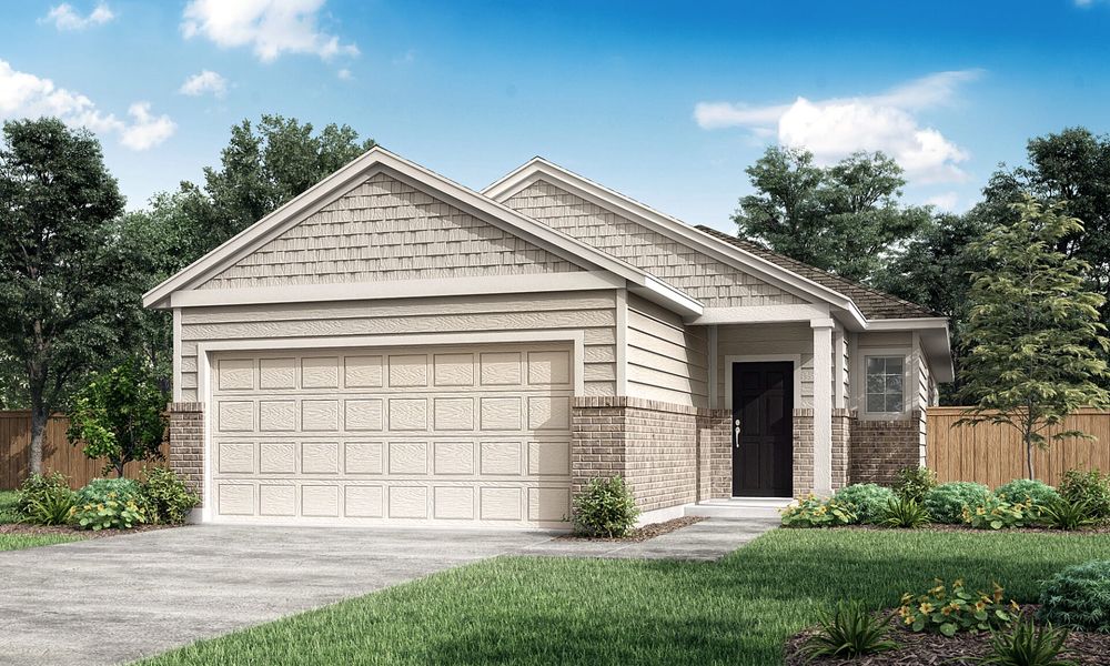 Representative exterior photo of a completed home built from the Austin by Pacesetter Homes in Cool Water at Sonterra, Jarrell, TX (Image 1). Representative exterior photo of a completed home built from the Austin by Pacesetter Homes in Cool Water at Sonterra, Jarrell, TX (Image 1).