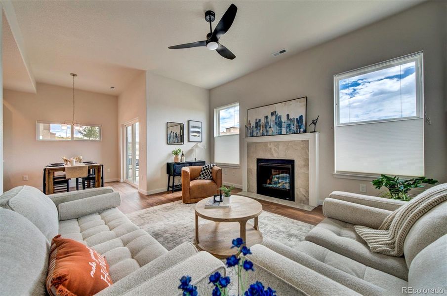 Fireplace in living room is standard for cozy evenings in the winter.