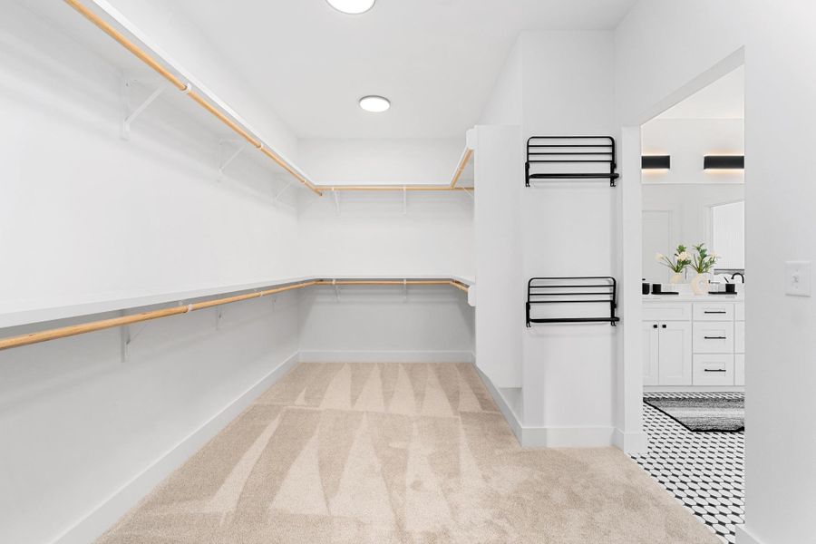 Walk in closet featuring light carpet