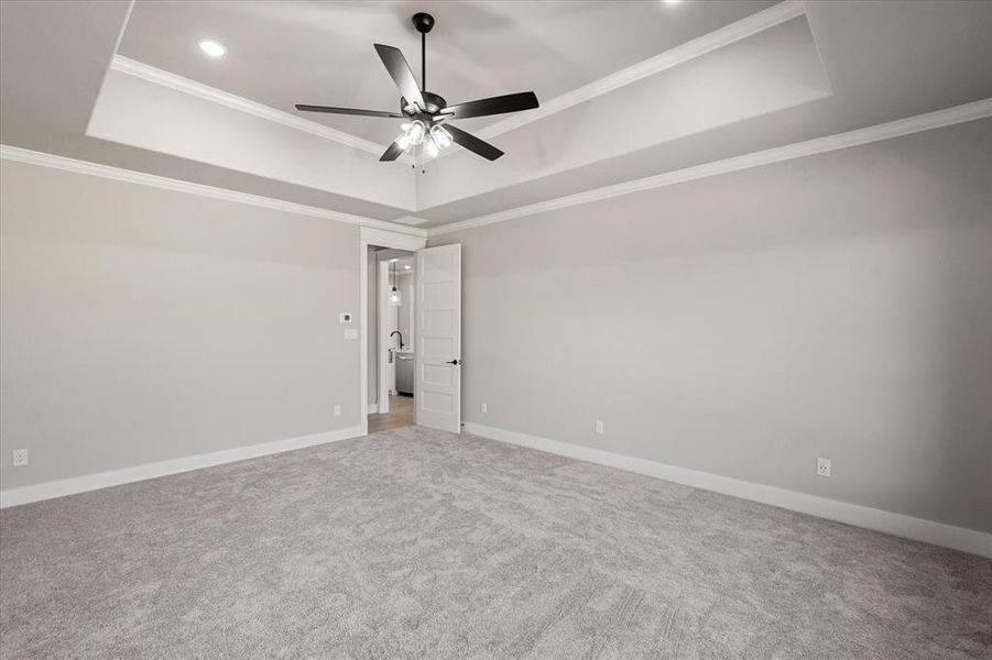 Empty room with ornamental molding and a raised ceiling