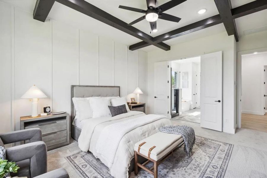 Bedroom featuring light colored carpet, coffered ceiling, a ceiling fan, and recessed lighting