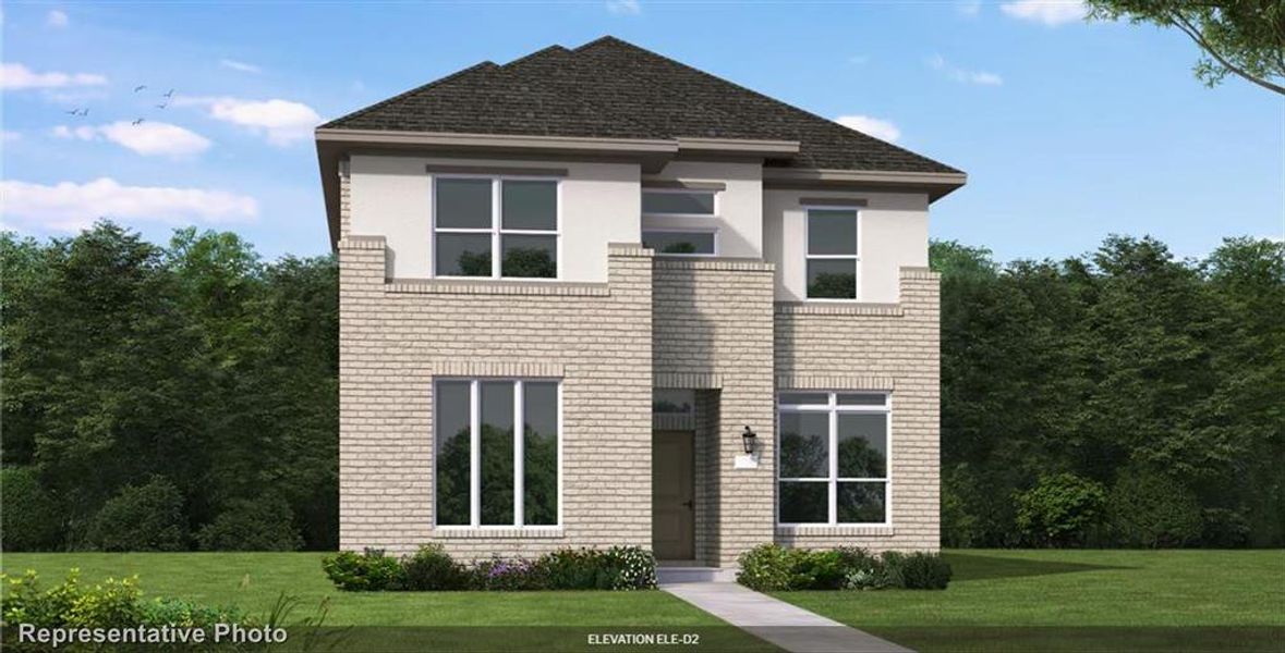 Front exterior of a new home in Pecan Square 40', Northlake, TX, highlighting curb appeal (Image 5).