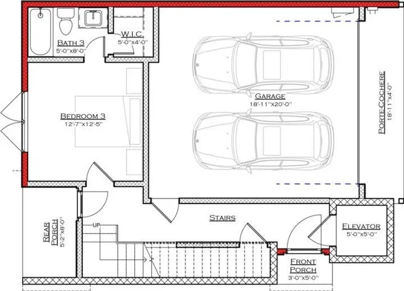 This floor plan features a spacious two-car garage, a bedroom with an en-suite bathroom and walk-in closet, and convenient access to an elevator and stairs. A front porch and rear porch offer outdoor space, enhancing the home's accessibility and functionality. This floor plan features a spacious two-car garage, a bedroom with an en-suite bathroom and walk-in closet, and convenient access to an elevator and stairs. A front porch and rear porch offer outdoor space, enhancing the home's accessibility and functionality.