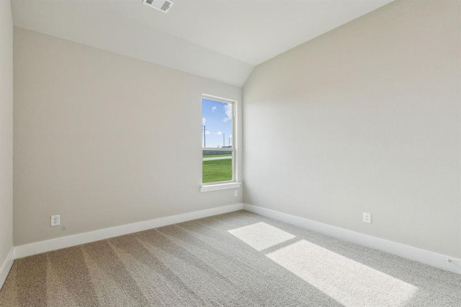 Spare room with carpet and vaulted ceiling