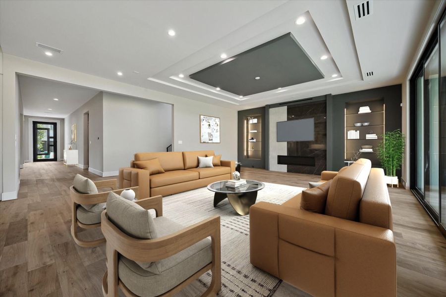 This massive living room impresses with striking ceiling detail and a stunning fireplace flanked by inset, lighted glass shelving for elegant display.