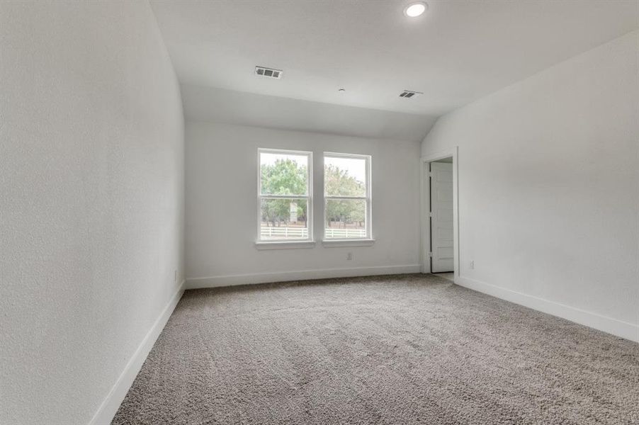 Spare room featuring carpet and vaulted ceiling